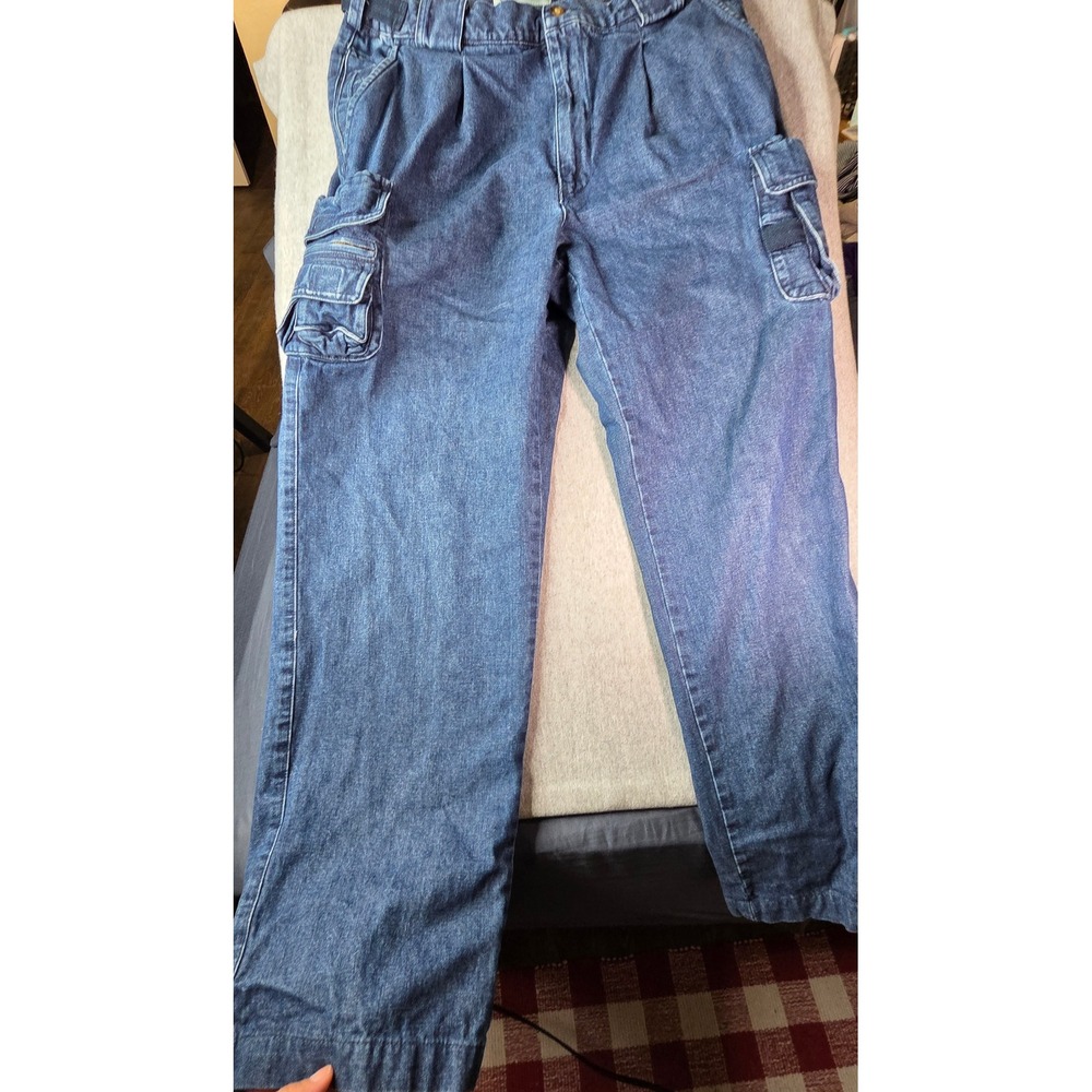 Orvis Mens Denim Cargo Pants Blue Pleated Cotton Utility Trousers Size 32